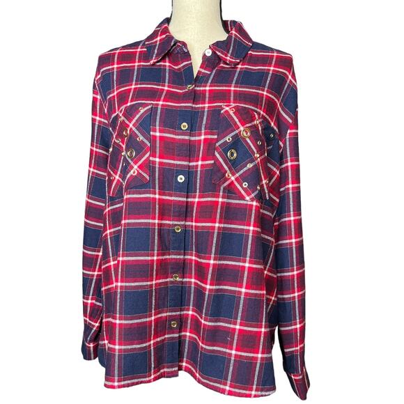 Michael Michael Kors Flannel Button-up Shirt in Red and Blue Plaid Hi-Lo Size XL - Picture 1 of 6